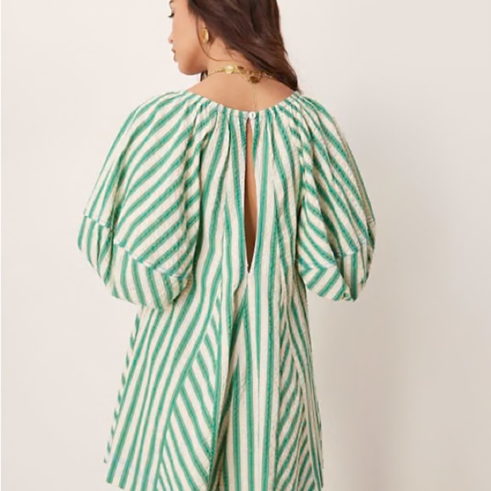 Free People Green and White Striped Puff-Sleeve Mini Dress - Picture 2 of 6